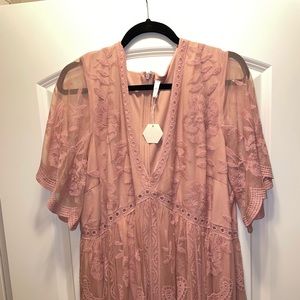 Pink Lace Mesh Overlay Maternity Maxi Dress